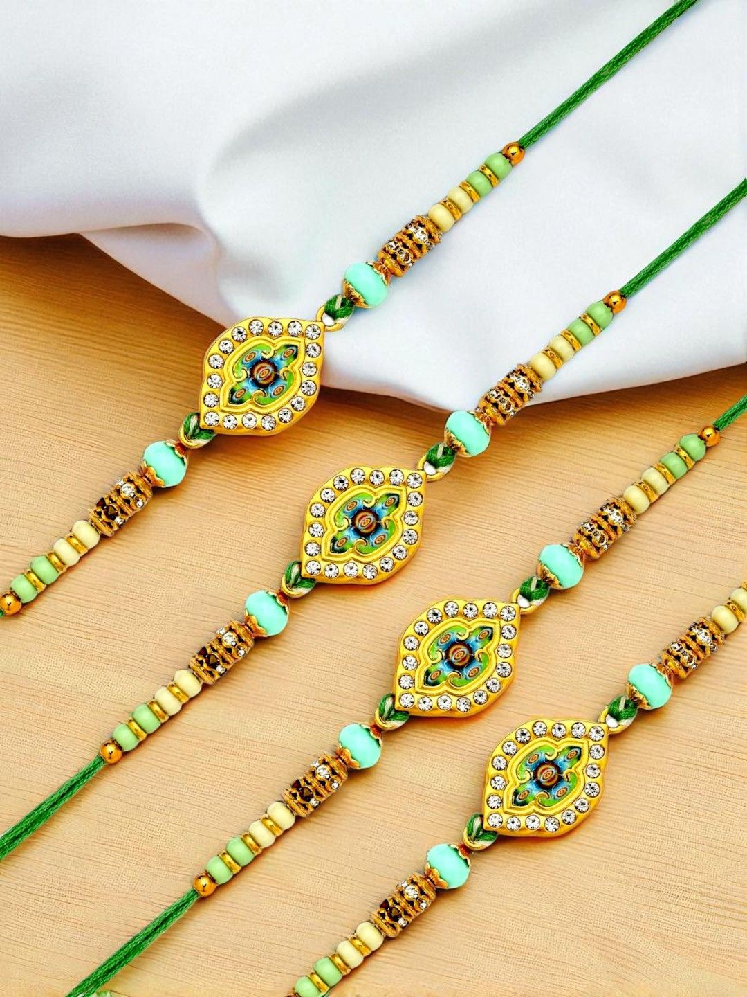 ADIVA Set Of 4 CZ Studded & Beaded Thread Rakhis With Pooja Thali & Roli Chawal-picture-24