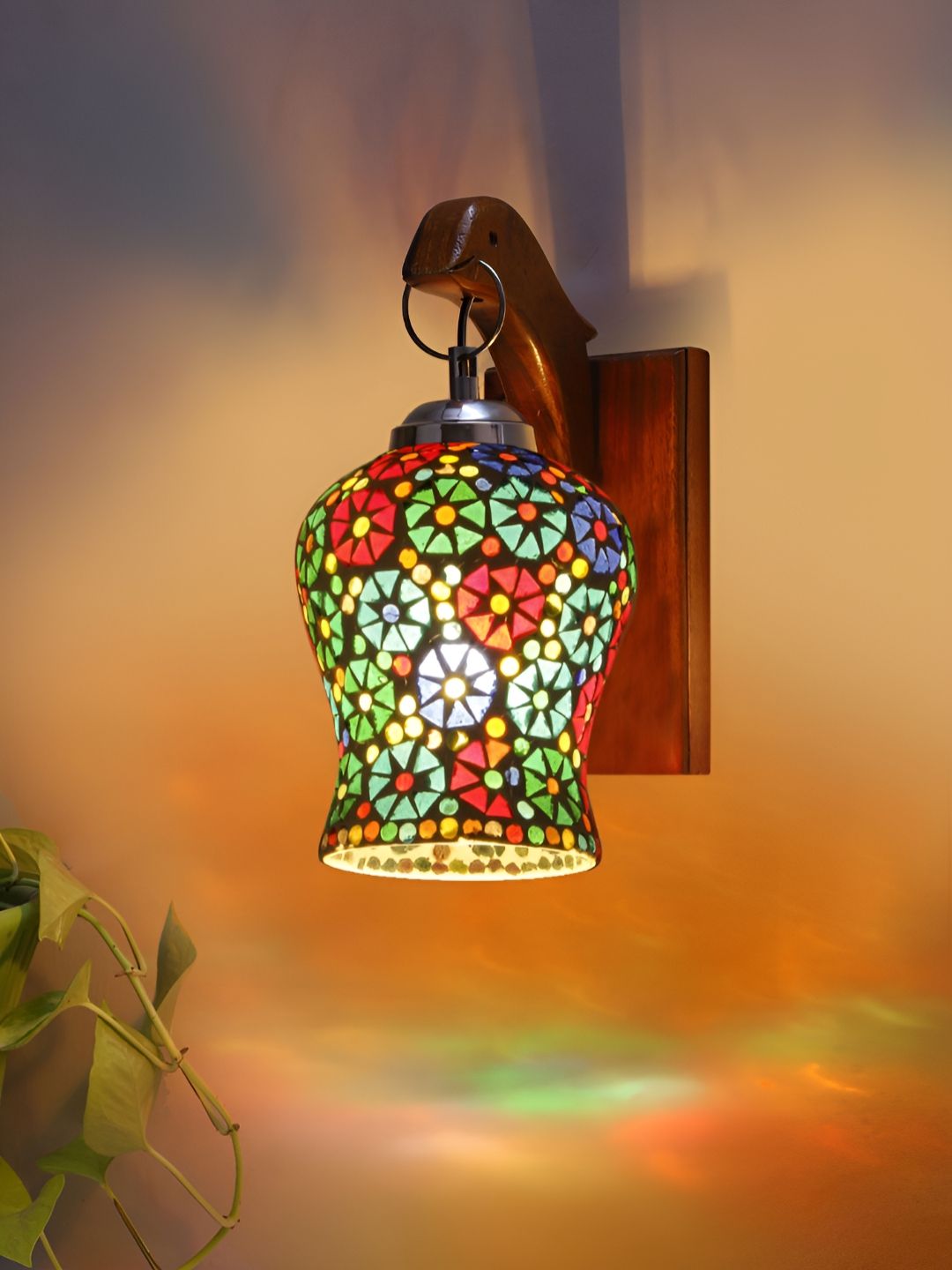 Devansh White & Red Textured Wooden Glass Bell Shaped Wall Lamp-picture-27