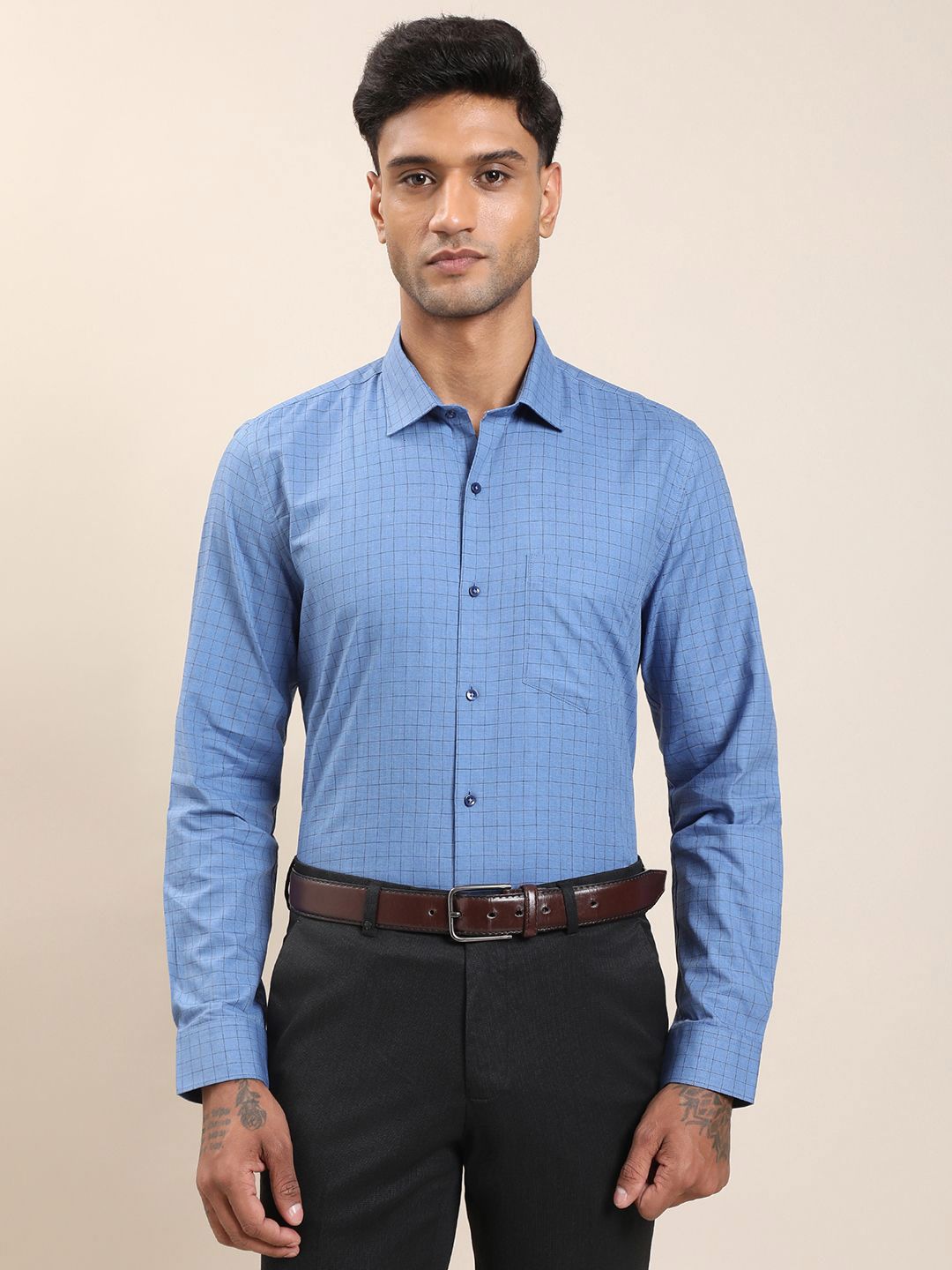Turtle Standard Grid Tattersall Checks Checked Pure Cotton Slim Fit Formal Shirt-image-20