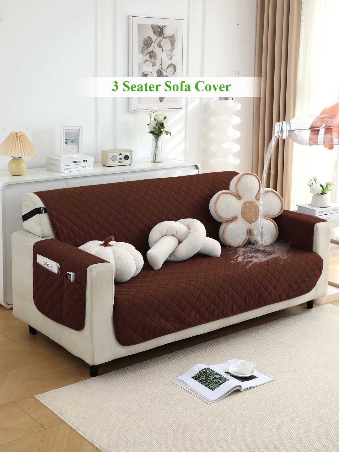 HOKIPO Brown Solid Polyester 1 Piece Sofa Cover With Arms-image-40