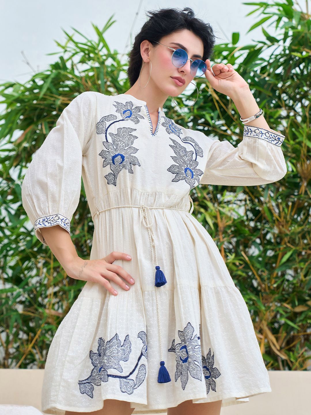 ZUMMER Women Floral Embroidered Puff Sleeve Pure Cotton Fit & Flare Dress-picture-20