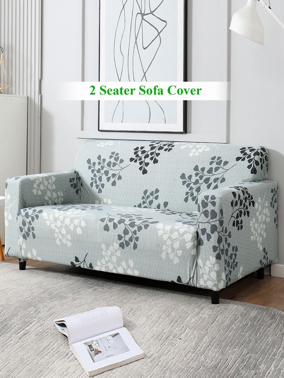 HOKIPO Grey & White Quilted Printed 2 Seater Sofa Cover With Arms-picture-52