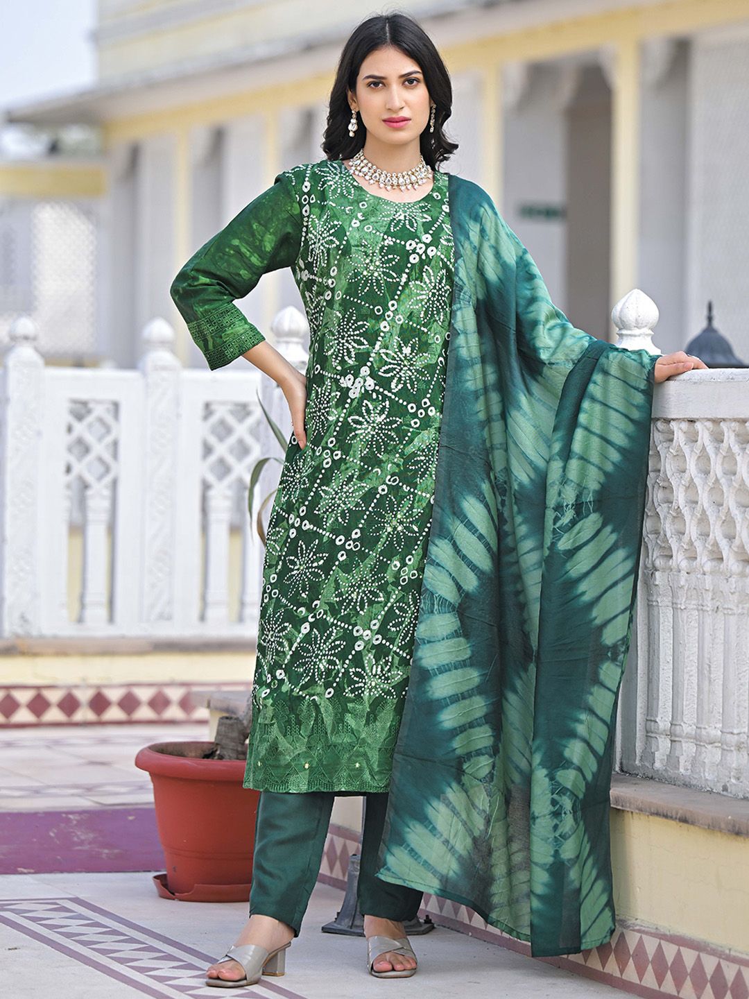 Anouk Printed Round Neck Mirror Work Chanderi Silk Straight Kurta With Trousers & Dupatta