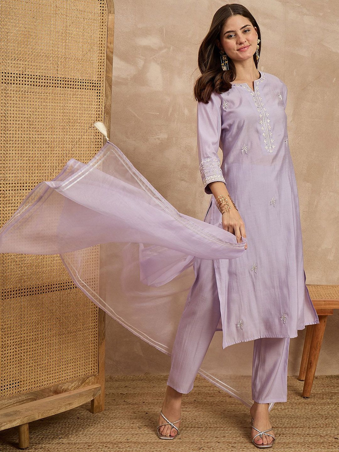 Moda Rapido Floral Embroidered Notch Neck Thread Work Kurta With Trousers & Dupatta