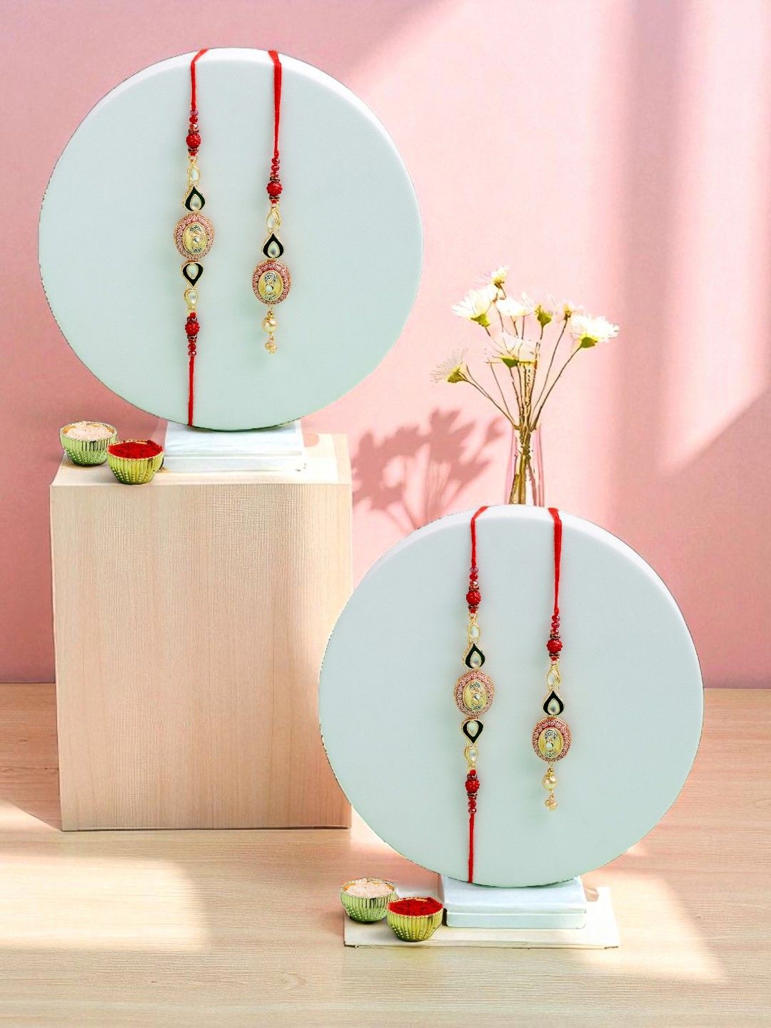 ADIVA Set Of 2 Gold-Plated Beaded Thread Lumba Rakhi Roli Chawal Chandan & Meshrei Card-picture-33