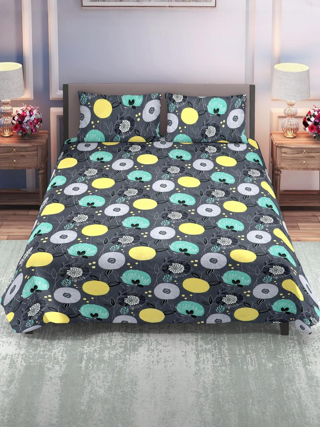 DREAM LIVING Black Floral 144 TC Queen Bedsheet with 2 Pillow Covers-image-29