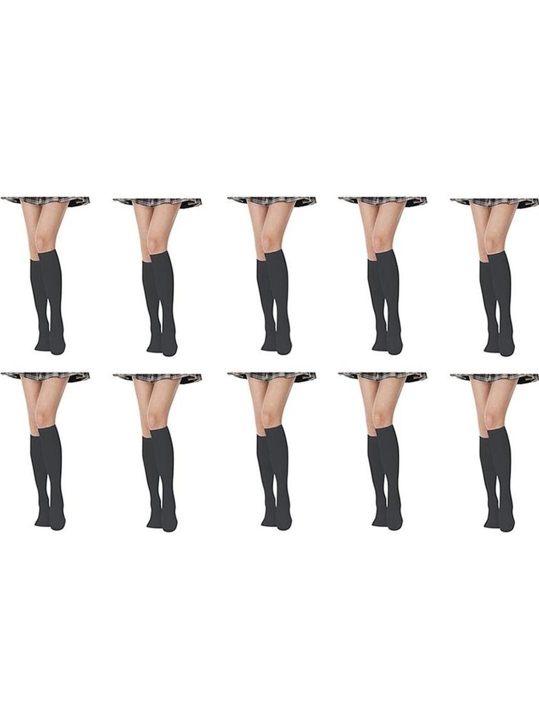 MUKHAKSH Women Dark Grey Cotton Pair Of 10 Knee Length Socks-image-4