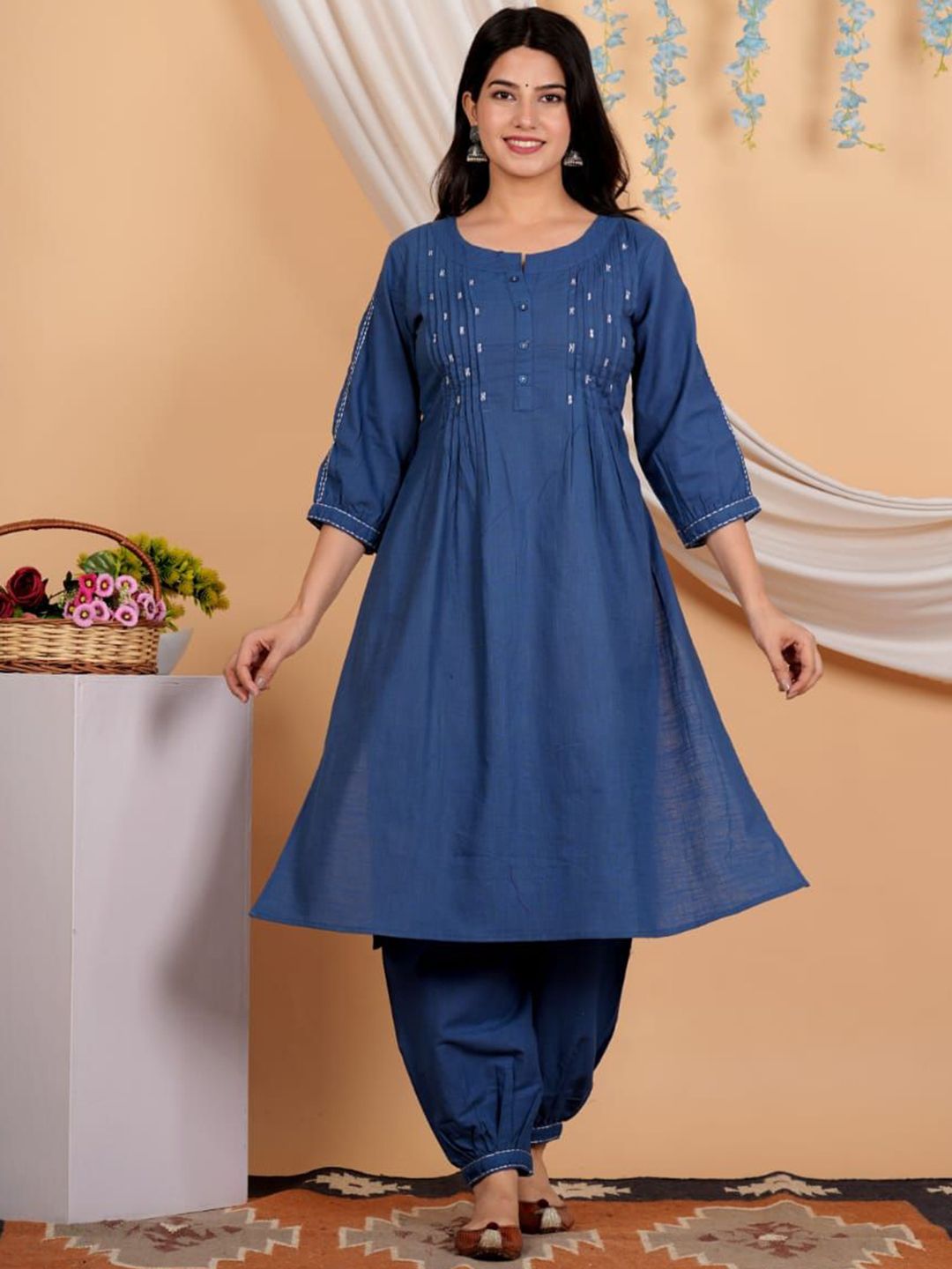 ROOHANIYAT Yoke Design Thread Work A-Line Pure Cotton Kurta With Salwar