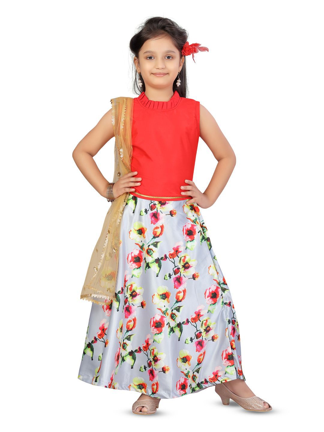 BAESD Girls Floral Printed Silk Ready To Wear Lehenga With Blouse & Dupatta-picture-15