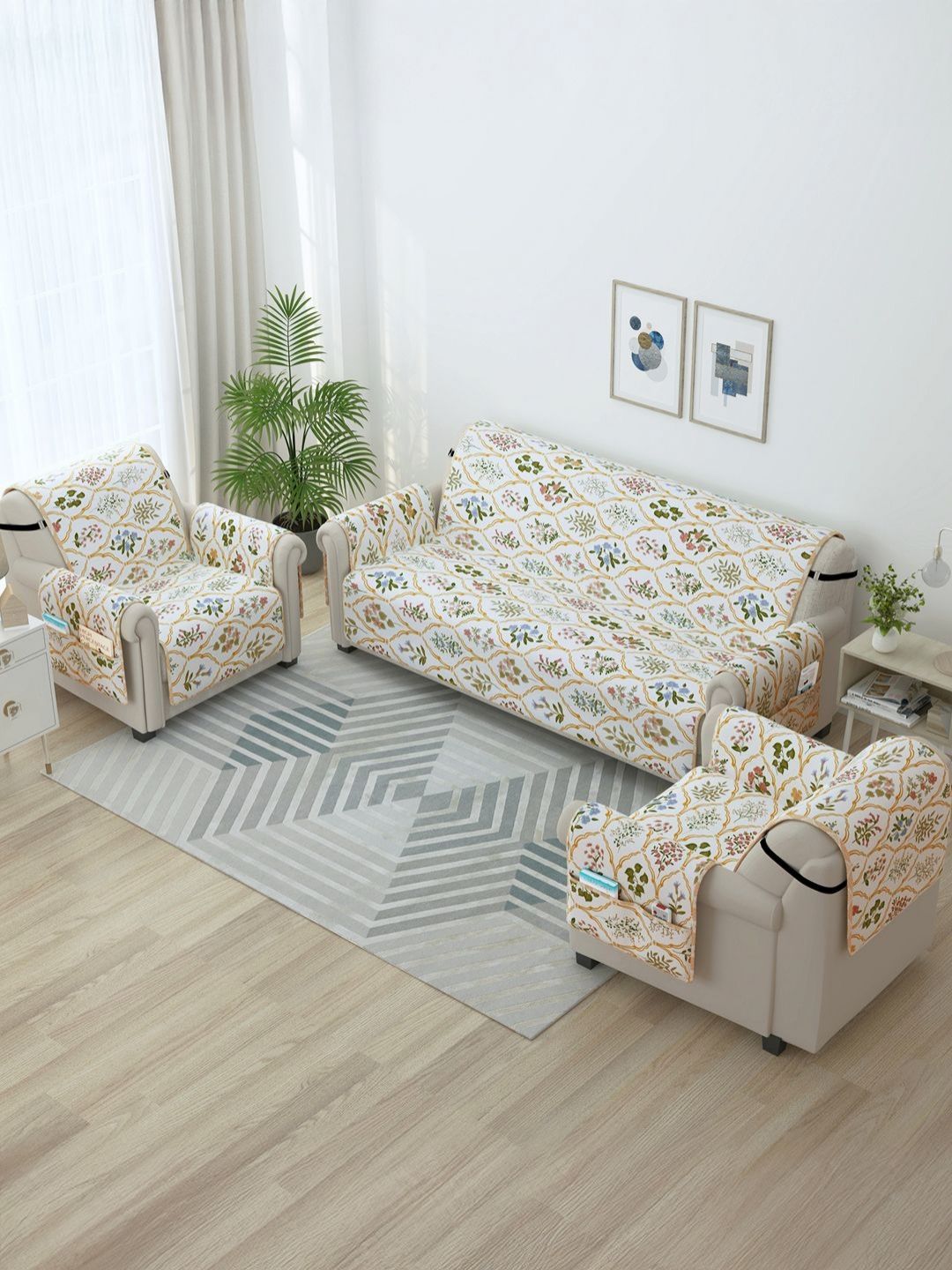 Story@home Beige & Green 3 Pieces Printed Microfiber 5 Seater Sofa Cover With Arms