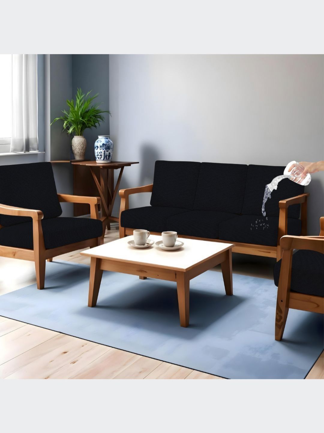 Lazi Black & Black Solid Polyester Sofa Cover-image-38