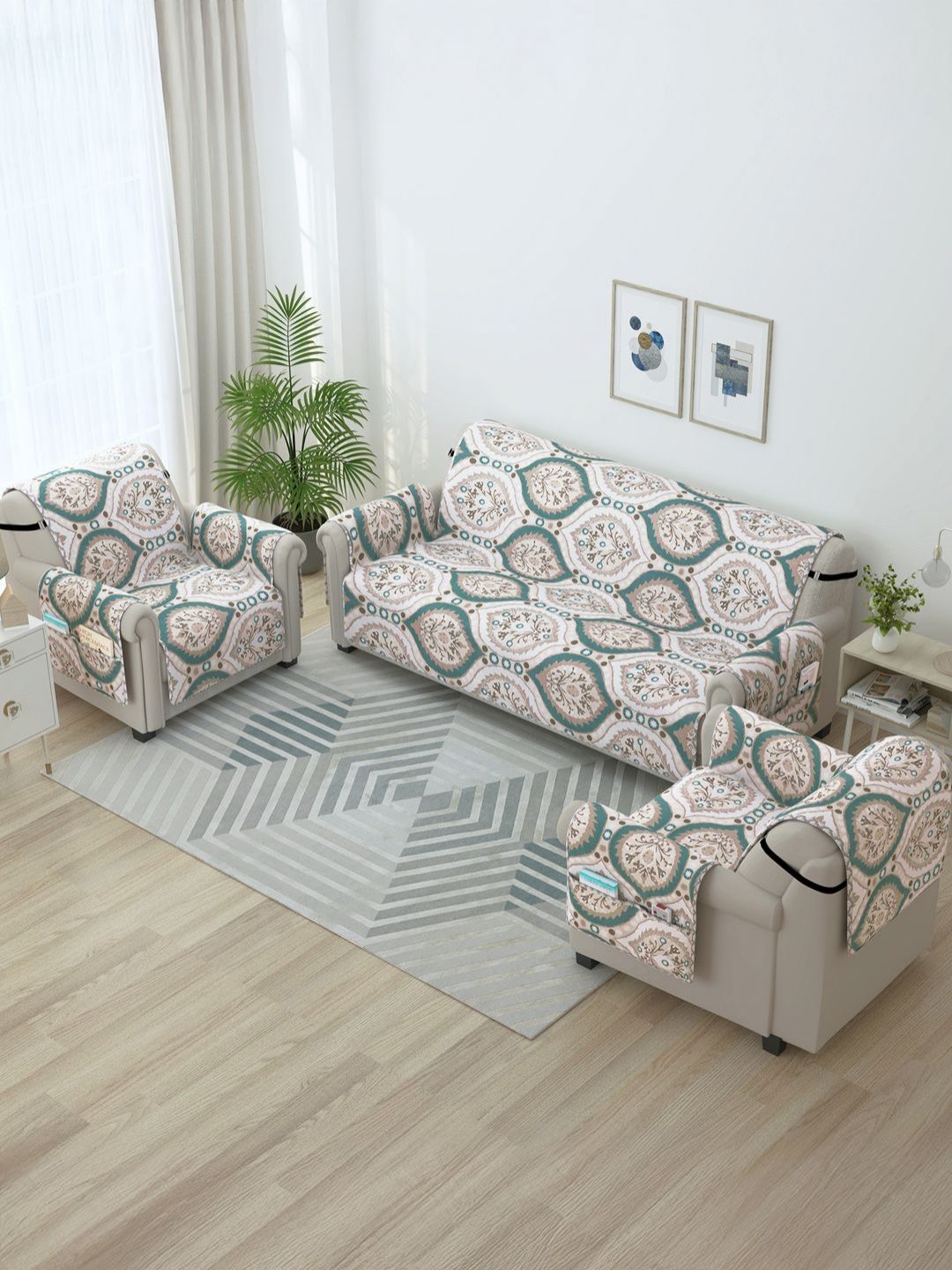 Story@home Cream-Coloured & Teal 3 Pieces Printed Microfiber 5 Seater Sofa Cover With Arms-picture-16