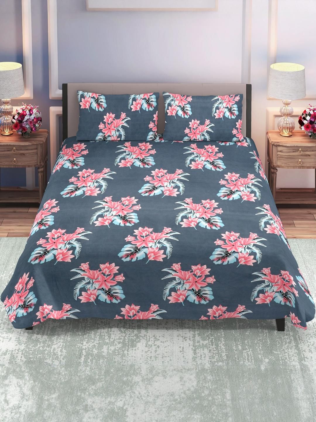 DREAM LIVING Grey & Pink Floral 144 TC Queen Bedsheet with 2 Pillow Covers-image-18