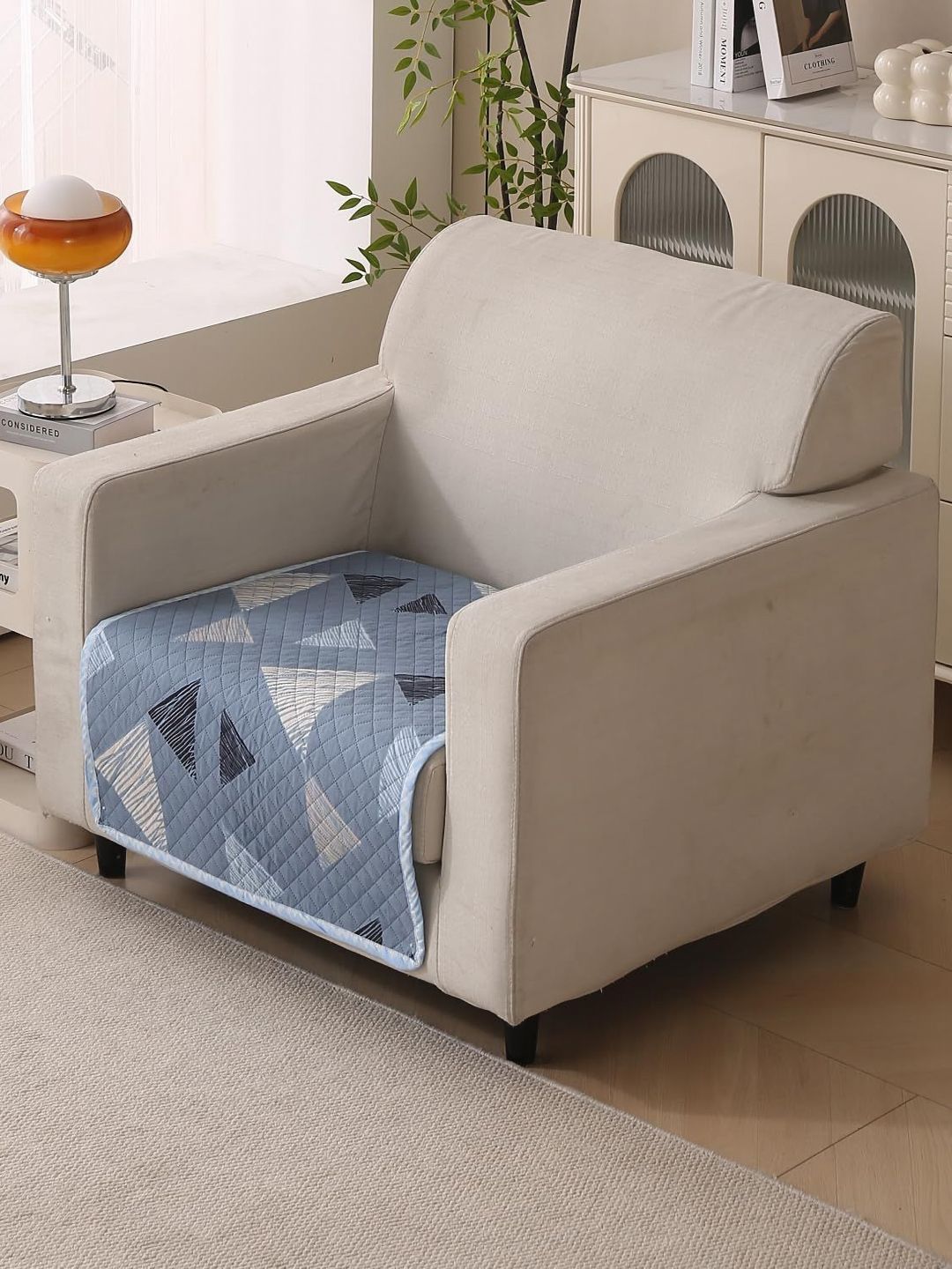 HOUSE OF QUIRK Blue & Beige Geometric Printed Cotton Reversible 1 Seater Sofa Cover