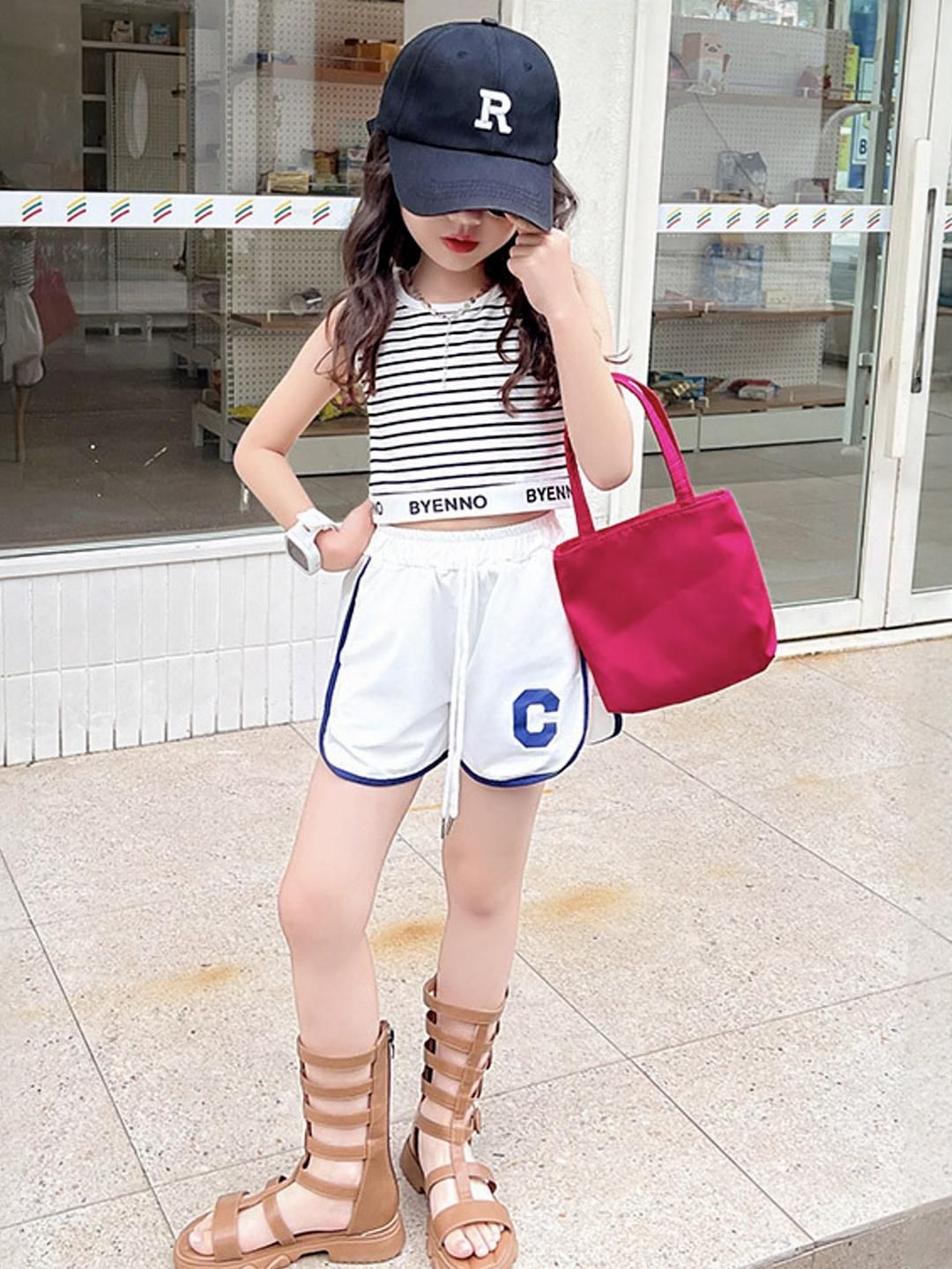 LULU & SKY Girls Striped Round Neck Sleeveless Pure Cotton Vest Top With Shorts-picture-30