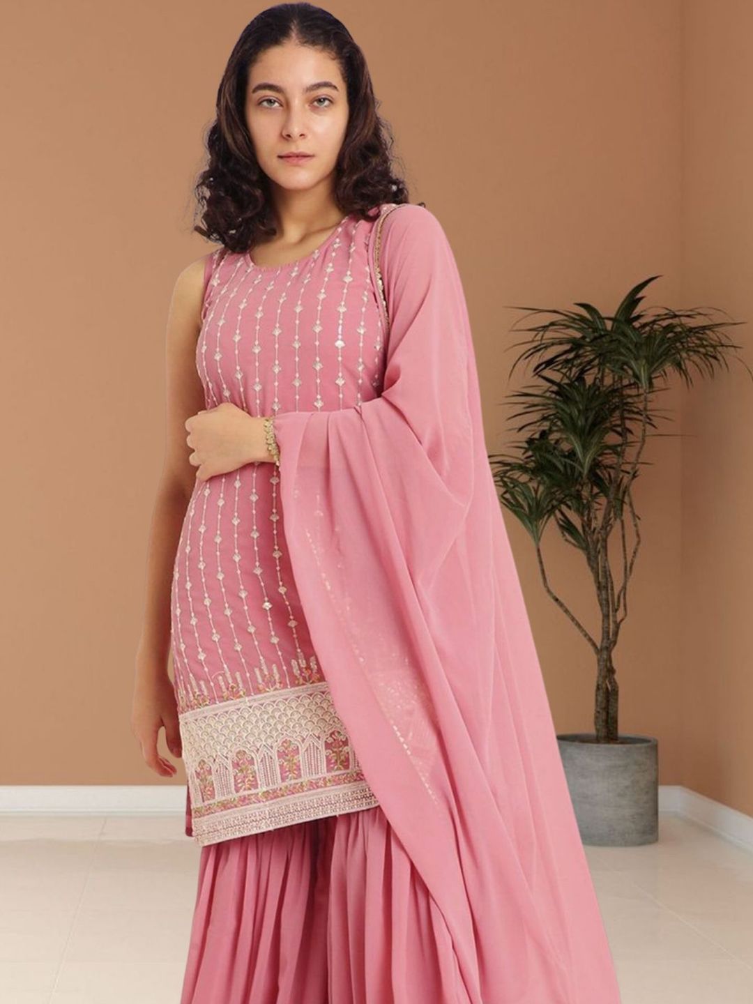 PARROT CREATION Women Embroidered Sequinned Kurti with Sharara & Dupatta