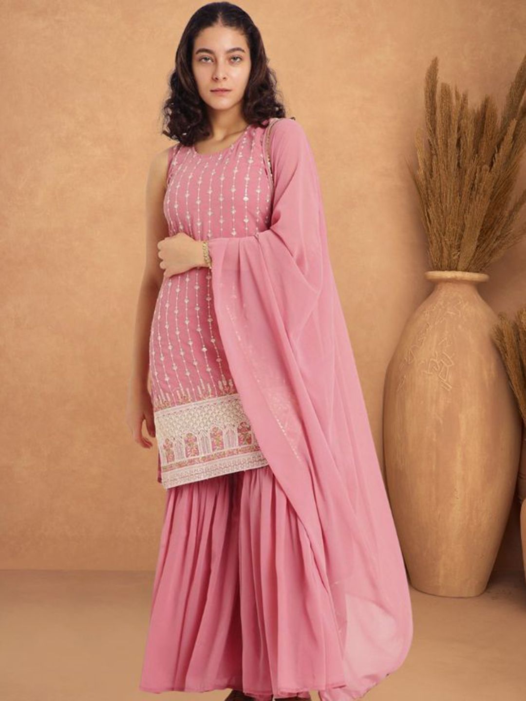 PARROT CREATION Women Embroidered Regular Sequinned Kurti & Sharara With Dupatta