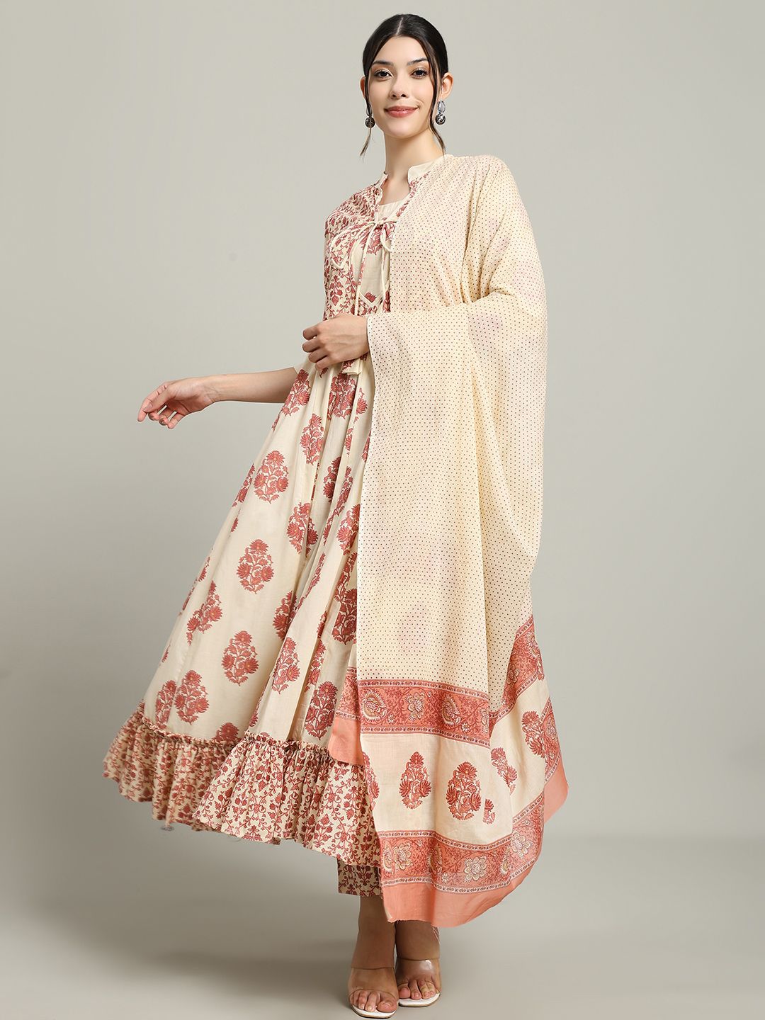 Gujari Floral Printed Pure Cotton Anarkali Kurta With Trousers & Dupatta