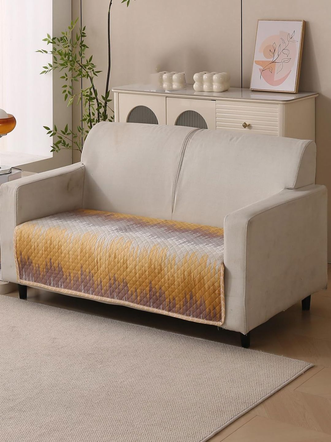 HOUSE OF QUIRK Gold-Toned & White Printed Other 1 Piece Sofa Cover-picture-25