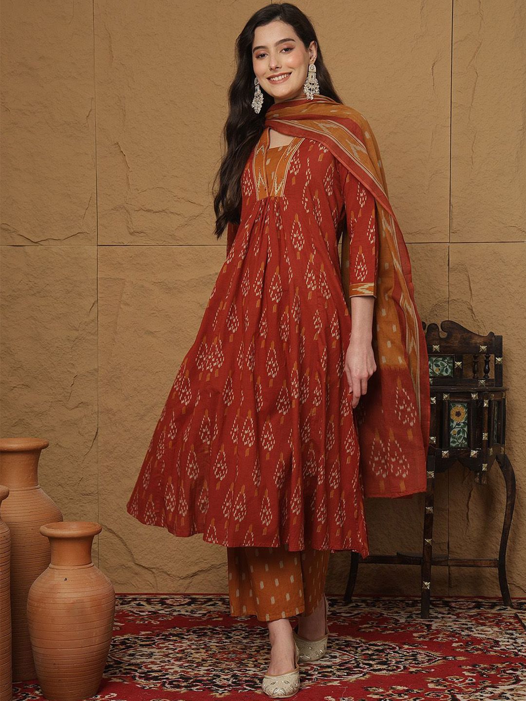Sangria Ethnic Motifs Printed Pleated Pure Cotton Anarkali Kurta with Palazzos & Dupatta-picture-51