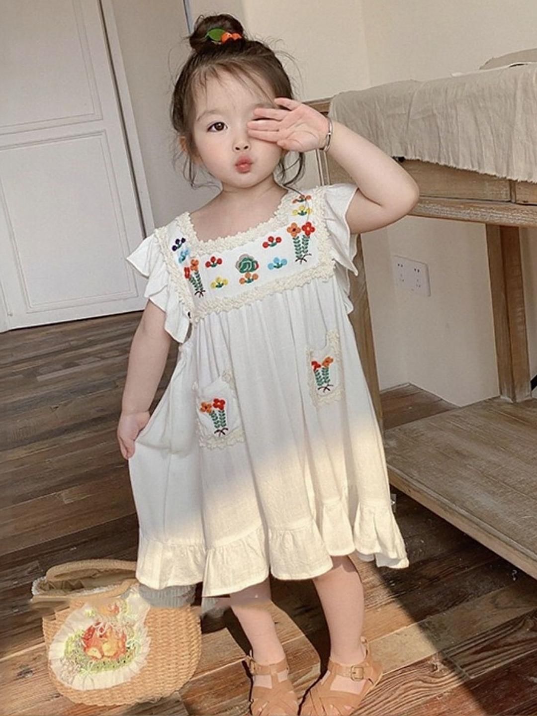 LULU & SKY Girls Embroidered Flutter Sleeves Cotton Empire Midi Dress-picture-14