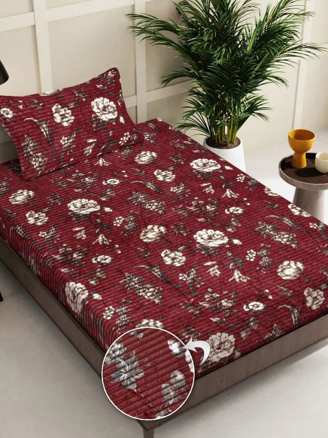 Myntra Elegant Homes Maroon & White Floral 300 TC Single Bedsheet with 1 Pillow Covers-picture-12