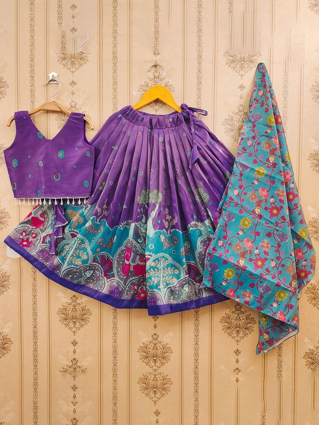 Helene Girls Printed Kalamkari Ready to Wear Lehenga & Blouse With Dupatta-picture-46
