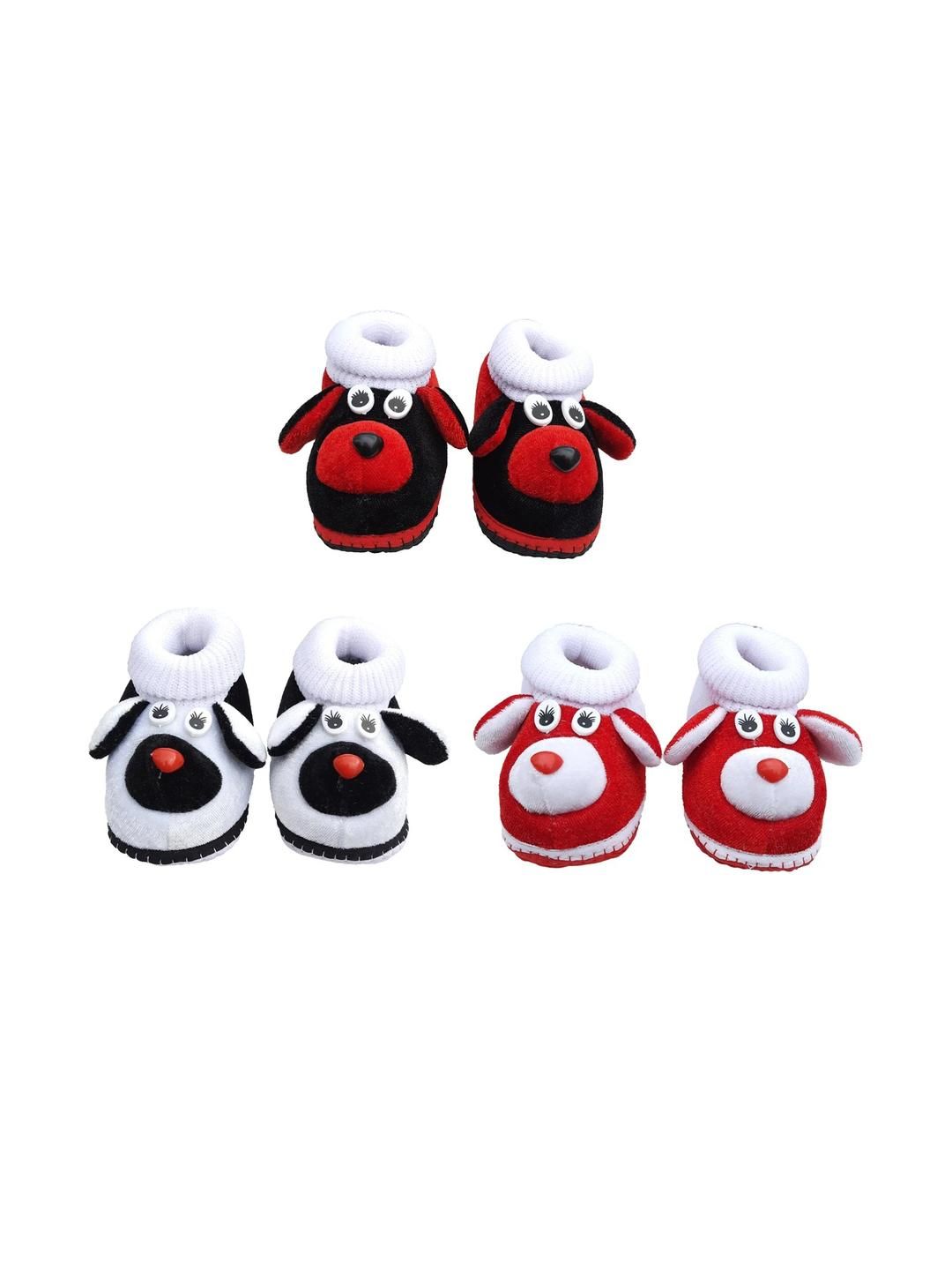 LMN CHILD CARE Unisex Kids Set Of 3 Red, Black, White Cotton Booties-picture-26
