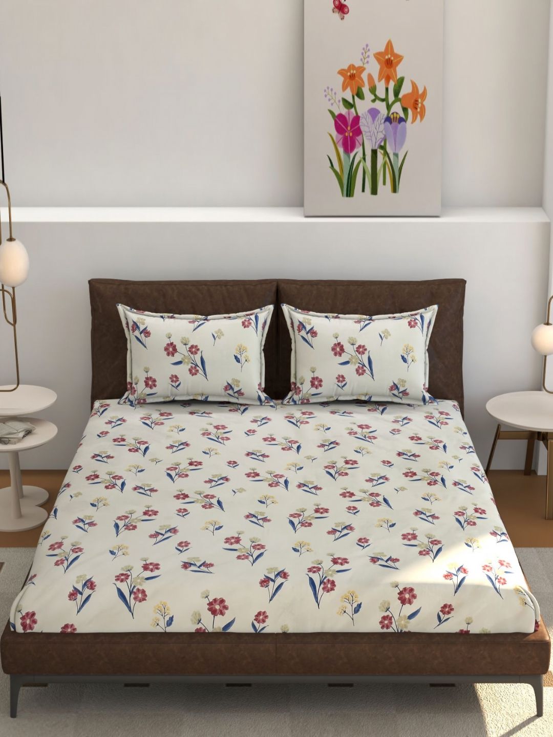 Florida Maroon & White Floral 180 TC Single Bedsheet with 1 Pillow Covers-picture-43