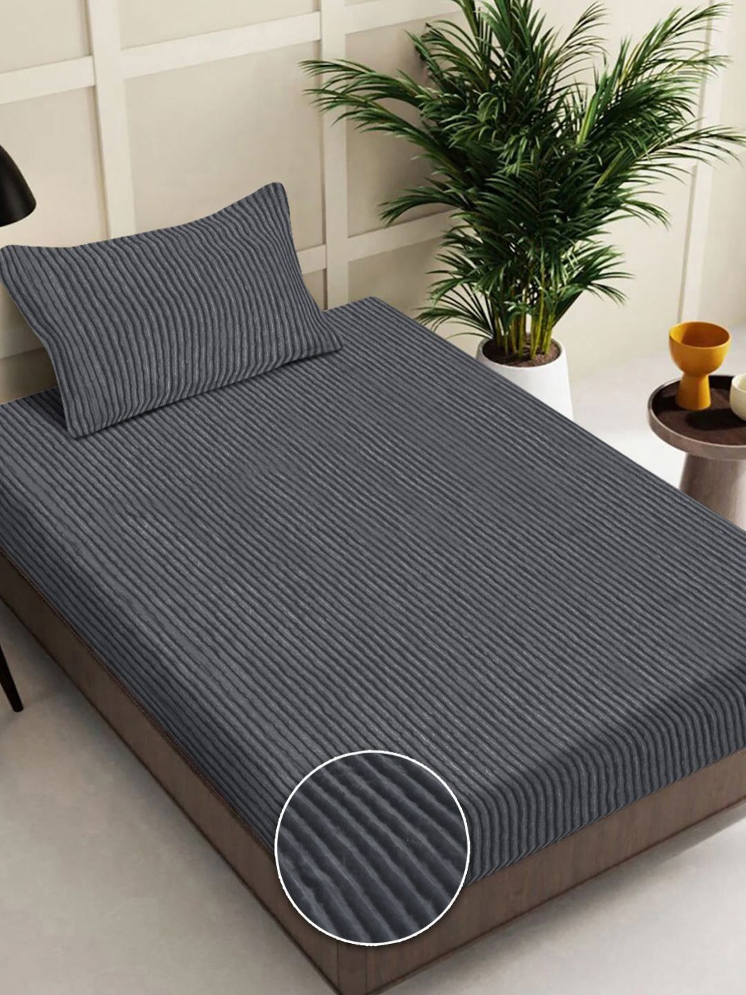 Myntra Elegant Homes Grey & White Striped Woollen 300 TC Single Bedsheet Set-2.20mX1.50m-image-33