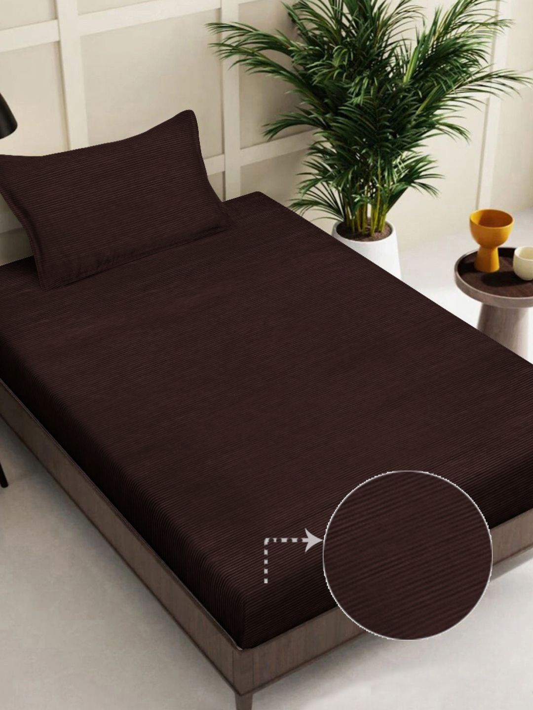 Myntra Elegant Homes Coffee Brown Striped Woollen 300 TC Single Bedsheet Set-2.25mX1.50m-picture-57