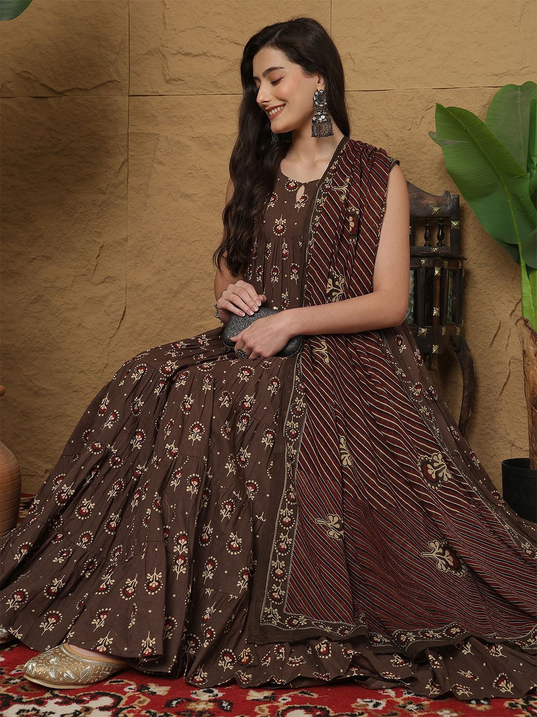 Sangria Women Ethnic Motifs Printed Cotton Anarkali Kurta with Trousers & Dupatta