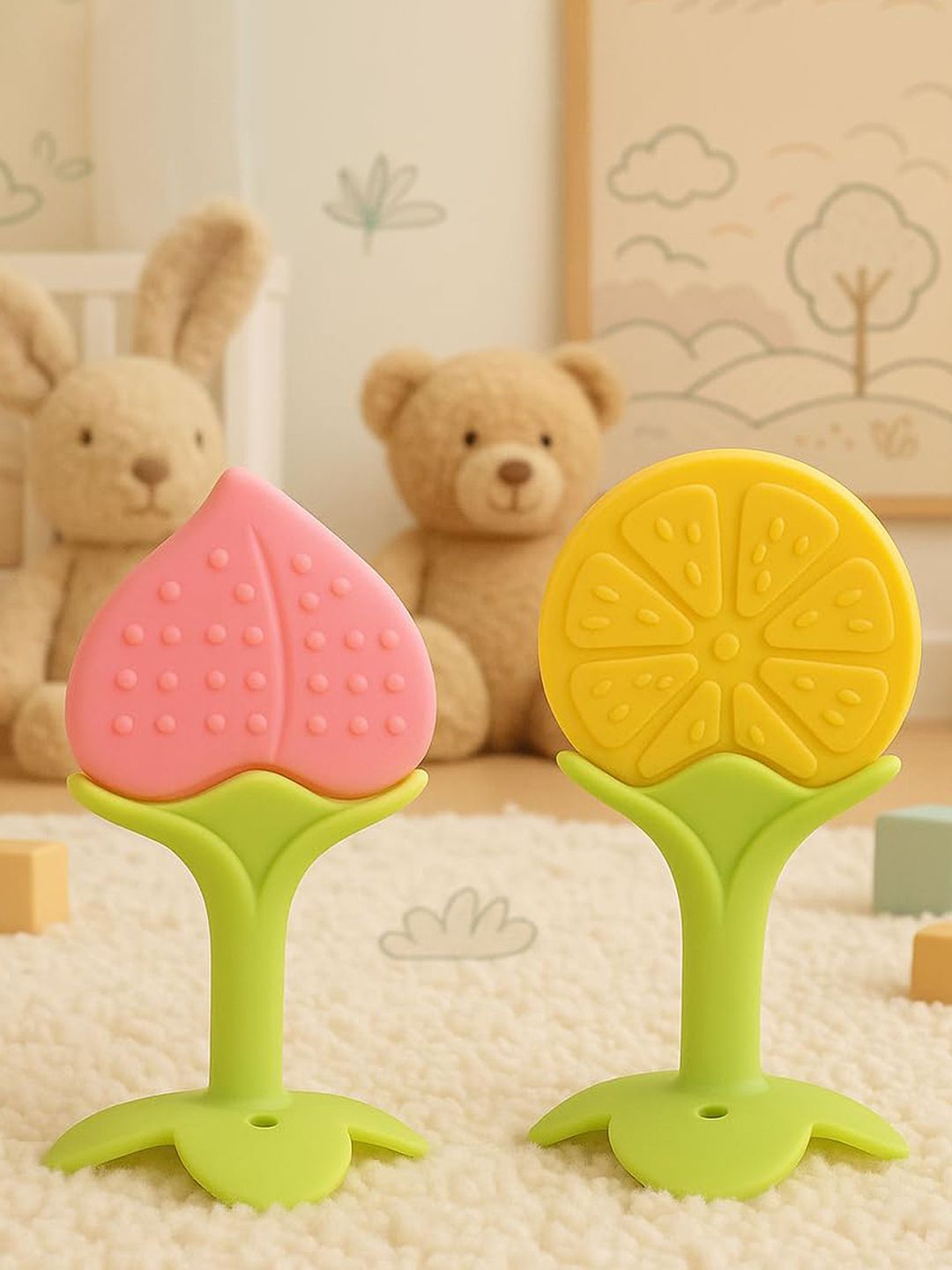 Kritiu 2-Pcs Peach-Colored & Yellow Silicone FruitShapeTeether-image-45