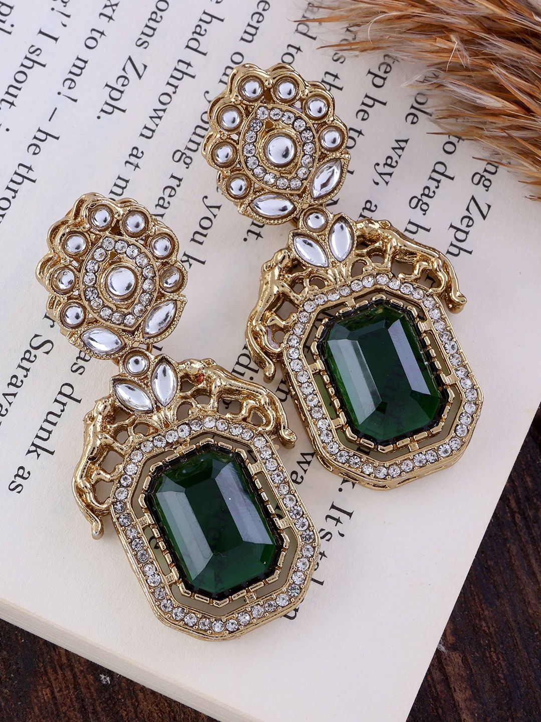 SHONA'S STYLE Brass-Plated Garnet Studded Octagon Shaped Drop Earrings-picture-38