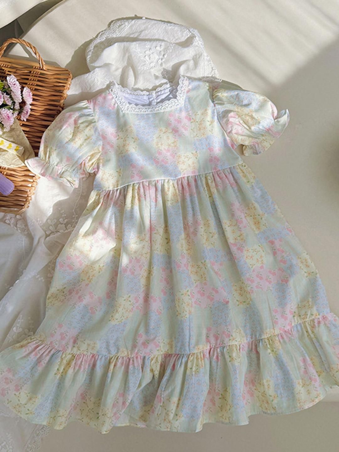 LULU & SKY Girls Floral Printed Puff Sleeve Tiered Cotton Fit & Flare Midi Dress-picture-14