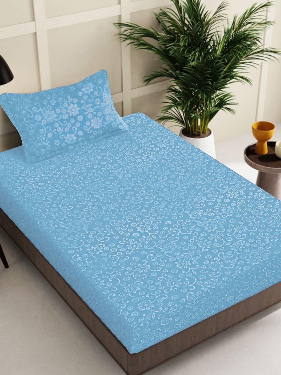 Myntra Elegant Homes Blue Floral Single Bedsheet with 1 Pillow Covers-image-44