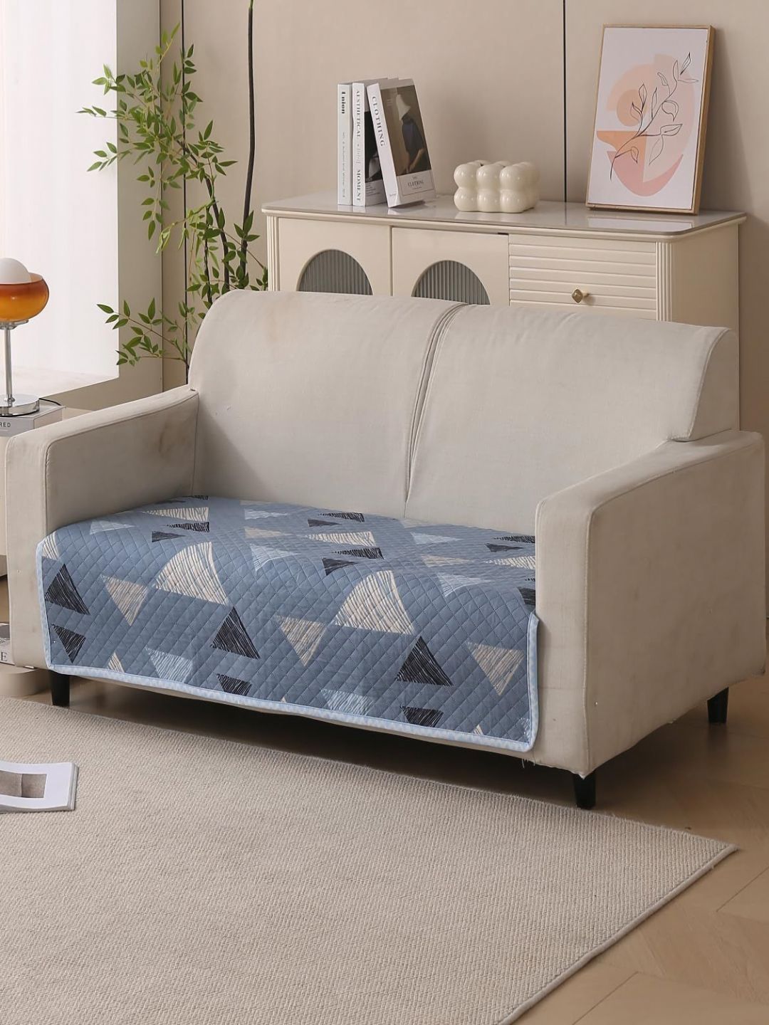 HOUSE OF QUIRK Blue & Beige Geometric Printed Cotton Reversible 2 Seater Sofa Cover-image-44
