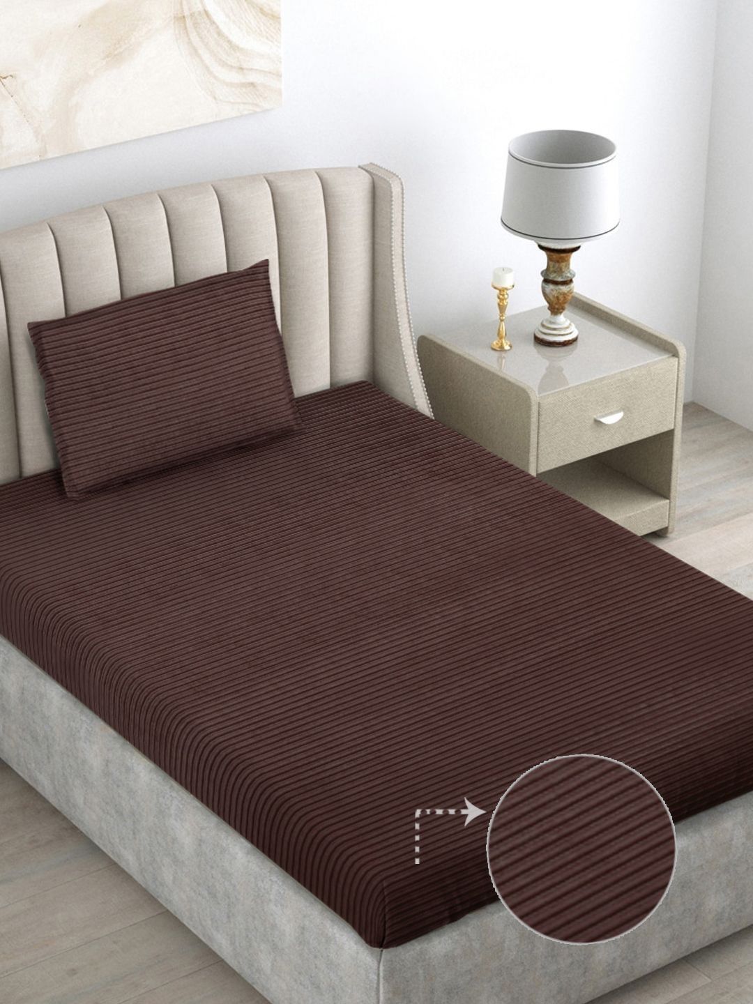 Myntra Elegant Homes Coffee Brown Striped 300 TC Single Bedsheet with 1 Pillow Covers-picture-54