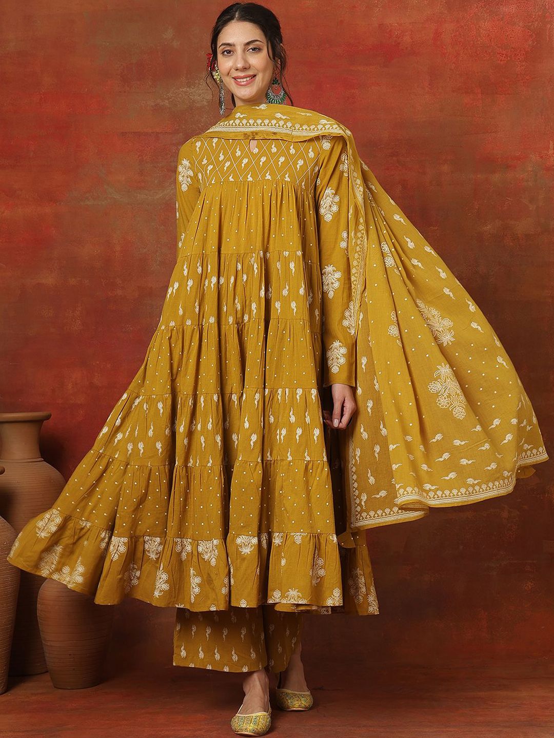 Sangria Printed Pure Cotton Key Hole-Neck Anarkali Kurta & Trousers With Dupatta