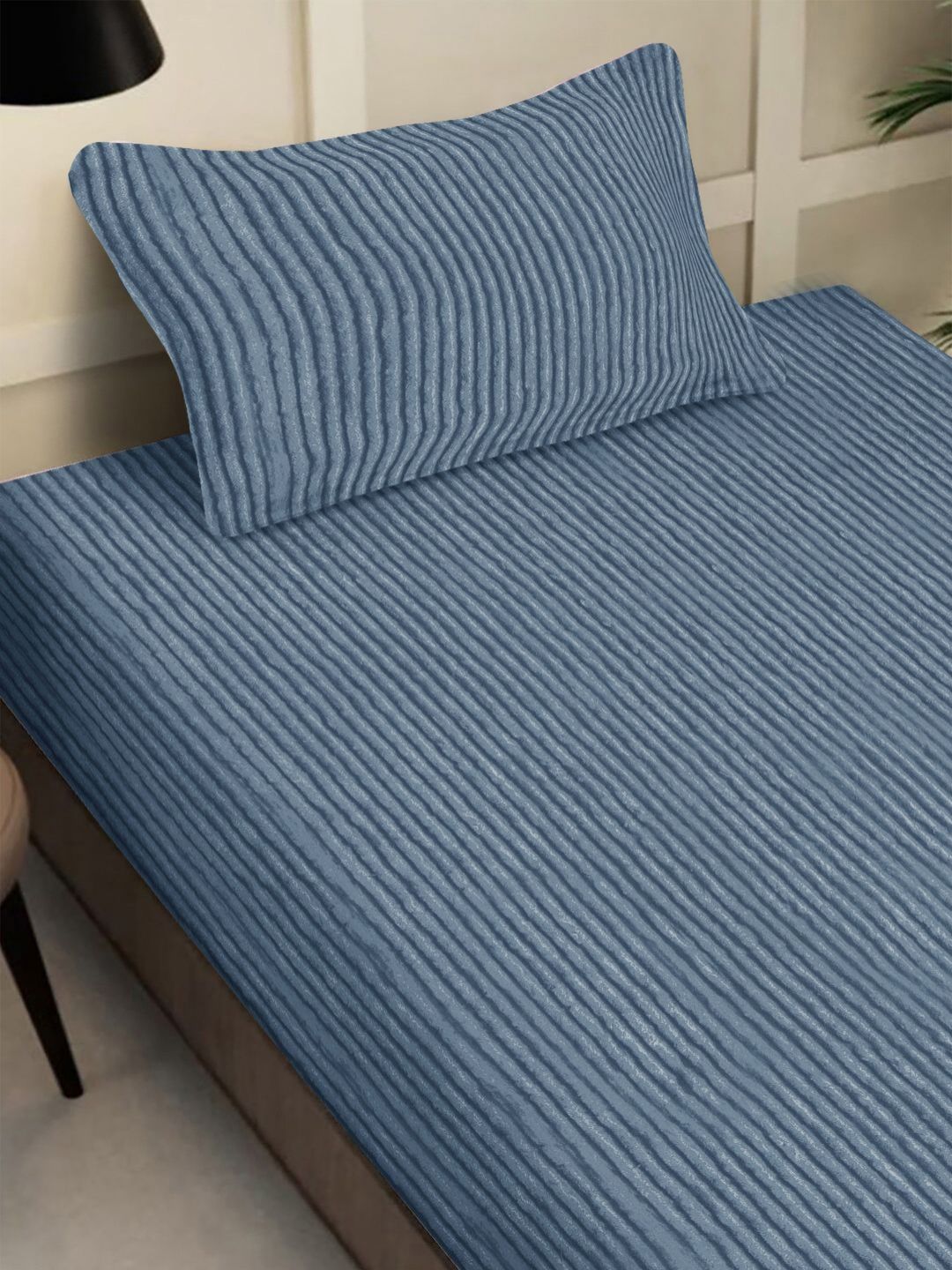 Myntra Elegant Homes Blue Striped Single Bedsheet with 1 Pillow Covers-picture-34