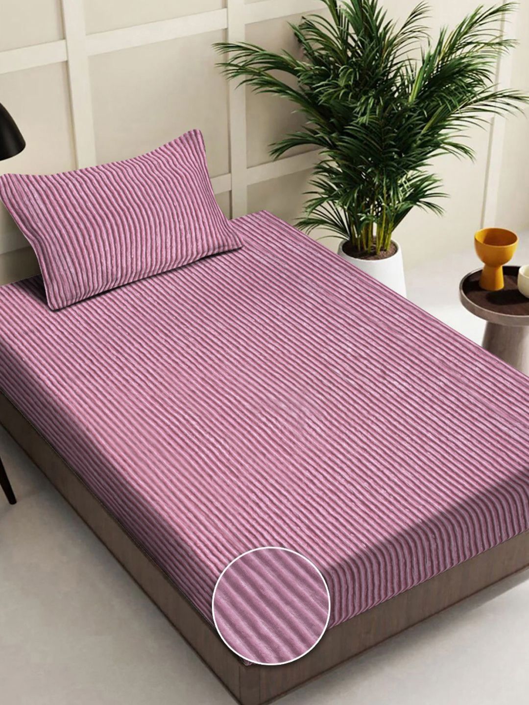 Myntra Elegant Homes Pink Striped Single Bedsheet with 1 Pillow Covers-picture-49