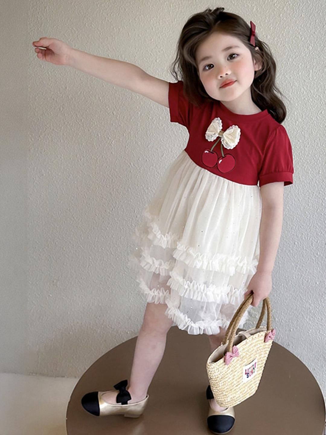 LULU & SKY Girls Colourblocked Round Neck Puff Sleeves Applique Tiered Fit & Flare Dress-picture-38