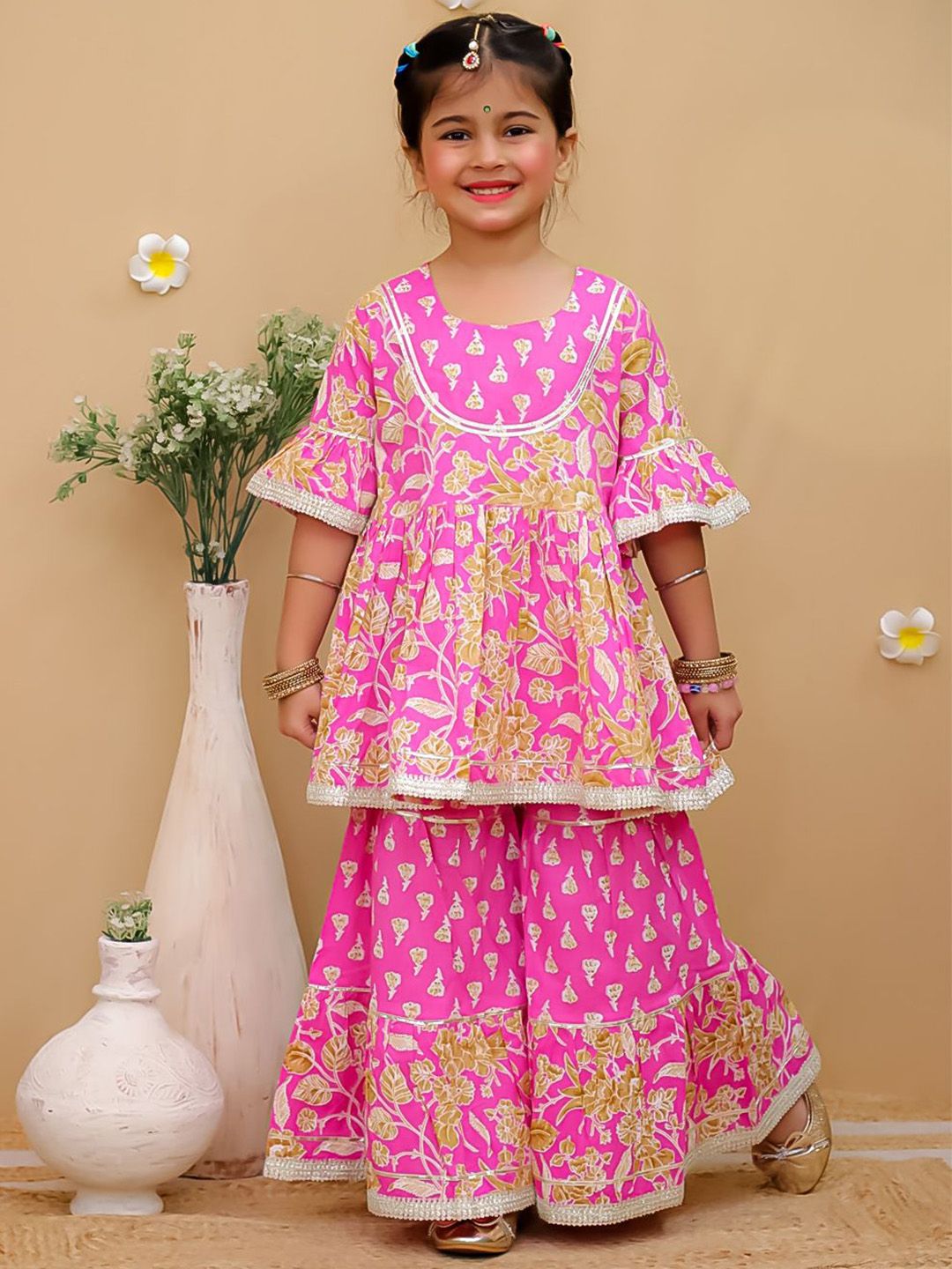 UNBIND Girls Floral Printed Regular Pure Cotton Kurti with Trousers-image-30