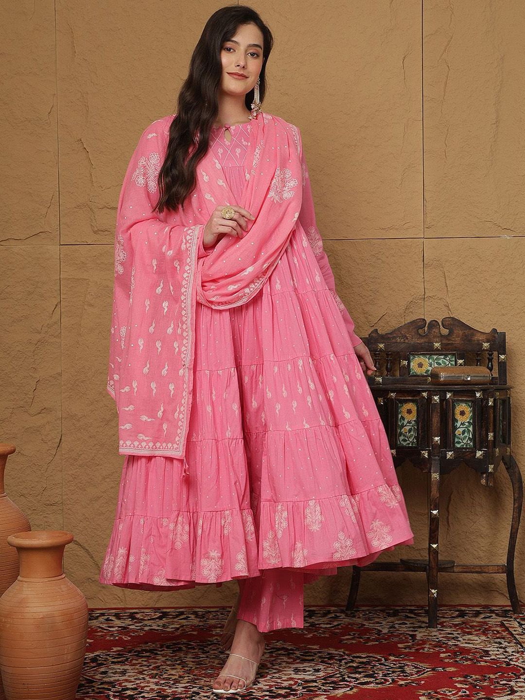 Sangria Floral Embroidered Empire Anarkali Pure Cotton Kurta & Palazzo With Dupatta-picture-32