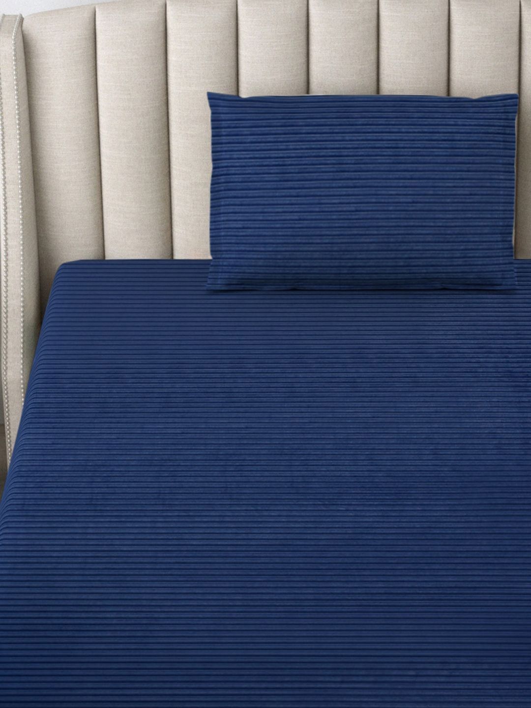 Myntra Elegant Homes Navy Blue Striped 300 TC Single Bedsheet with 1 Pillow Covers-picture-38