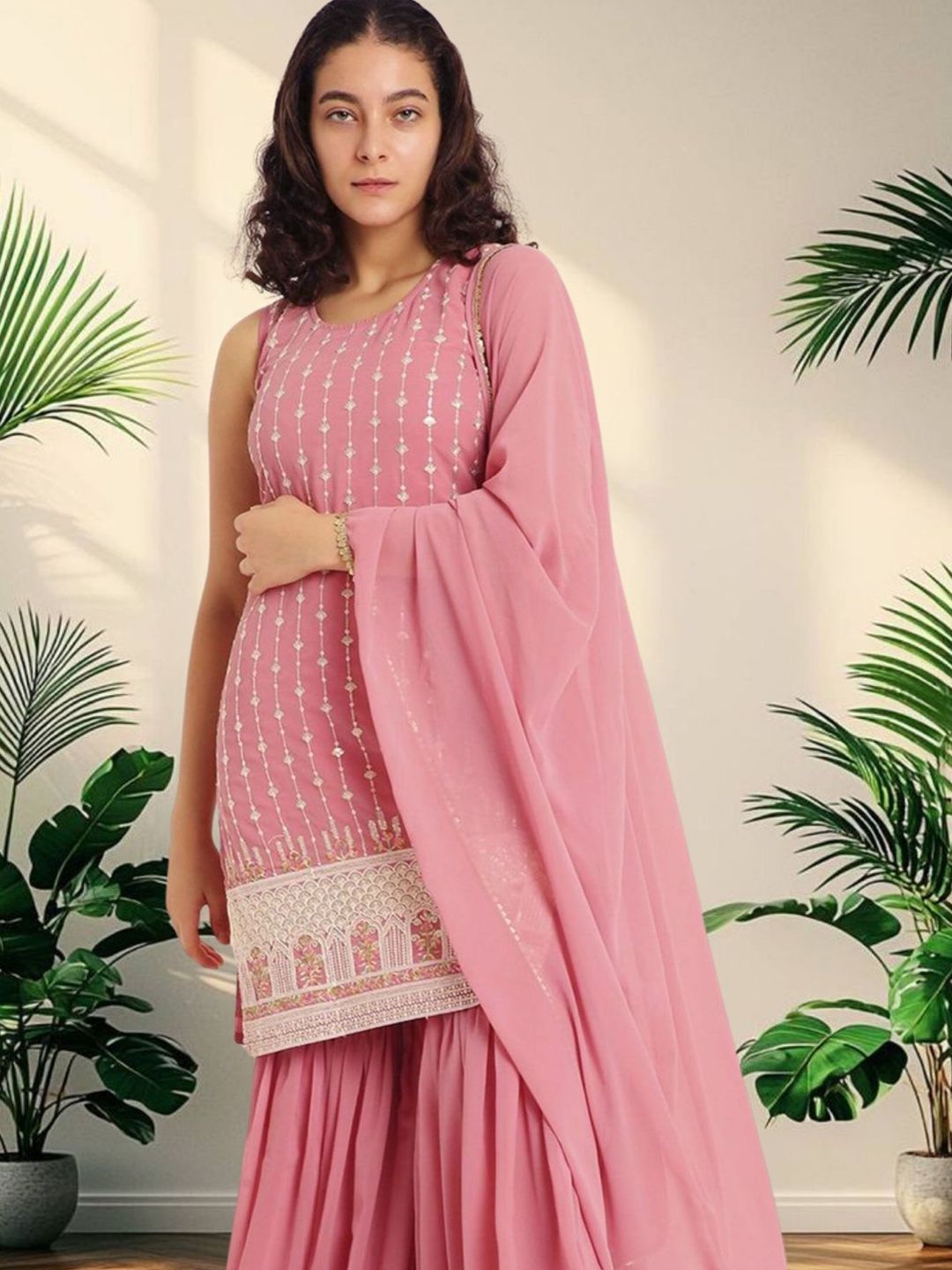 PARROT CREATION Women Embroidered Regular Sequinned Kurti with Sharara & Dupatta