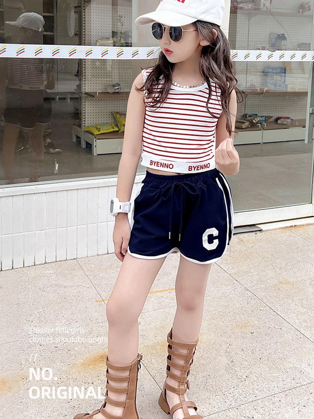 LULU & SKY Girls Striped Sleeveless Pure Cotton Top With Short-picture-33