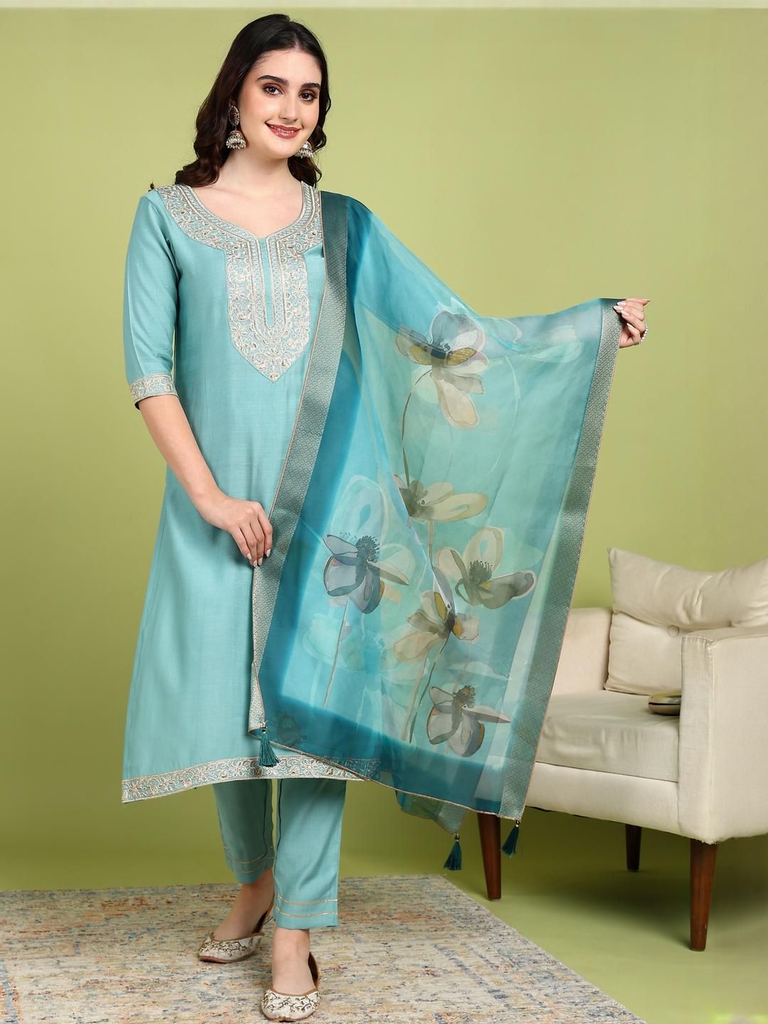 NEW ETHNIC 4 YOU Women Silk Blend Embroidered Salwar Suit Set with Dupatta