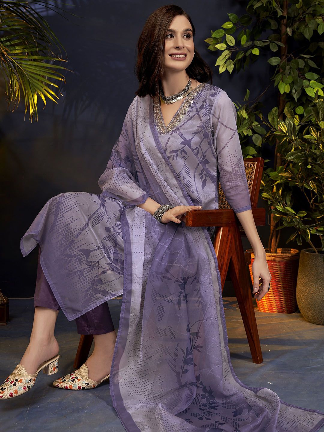 Anouk Floral Printed V-Neck Beads & Stones Organza Straight Kurta With Trouser And Dupatta