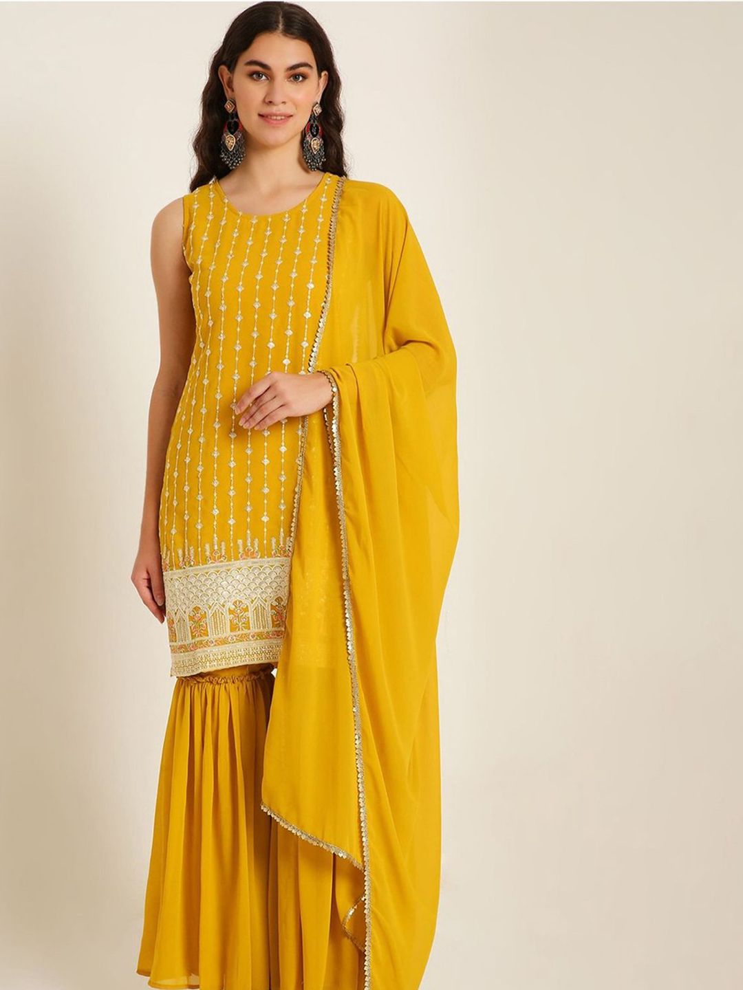 PARROT CREATION Women Embroidered Regular Sequinned Kurta with Sharara & Dupatta